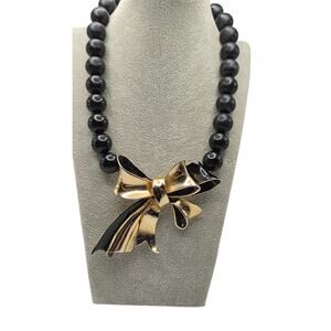 Vintage Oversized Bow Necklace Black Beads Gold Tone Statement